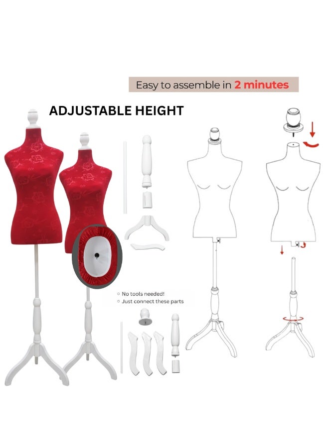 أورتوك عارضة ملابس نسائية قابلة للتعديل – جذع من المخمل الأحمر المزخرف مع حامل ثلاثي أبيض، ارتفاع قابل للتعديل 178 سم، للخيّاطة وتصميم الملابس وعرض المجوهرات - Image 5